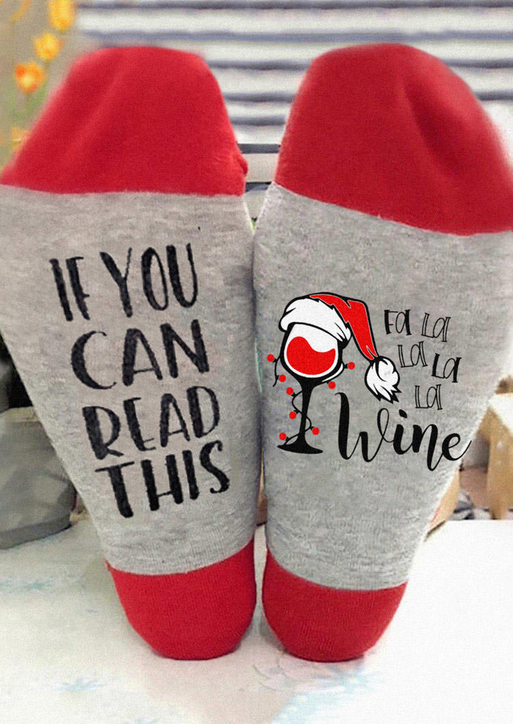 

Christmas Fa La La La La Wine Color Block Crew Socks, Red, SCM008962