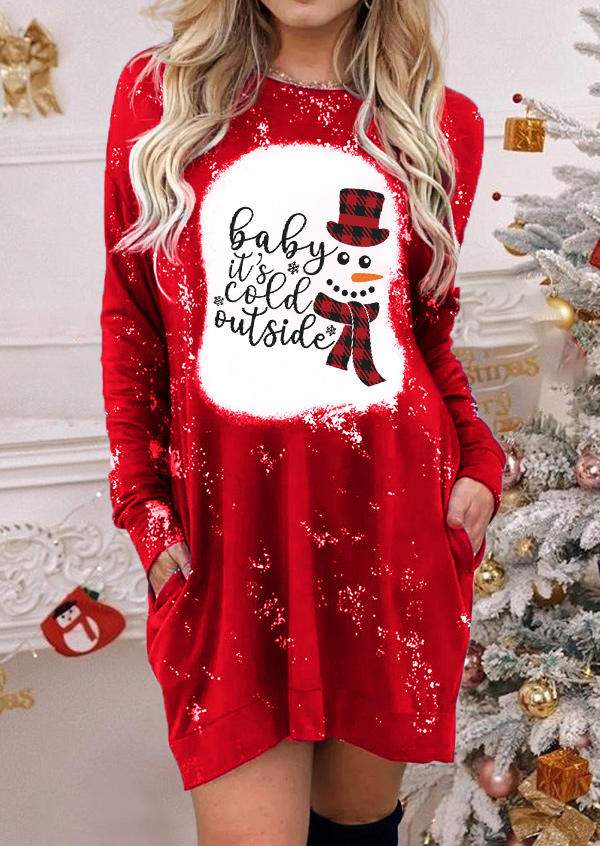 Christmas Baby It's Cold Outside Plaid Snowman Pocket Mini Dress - Red