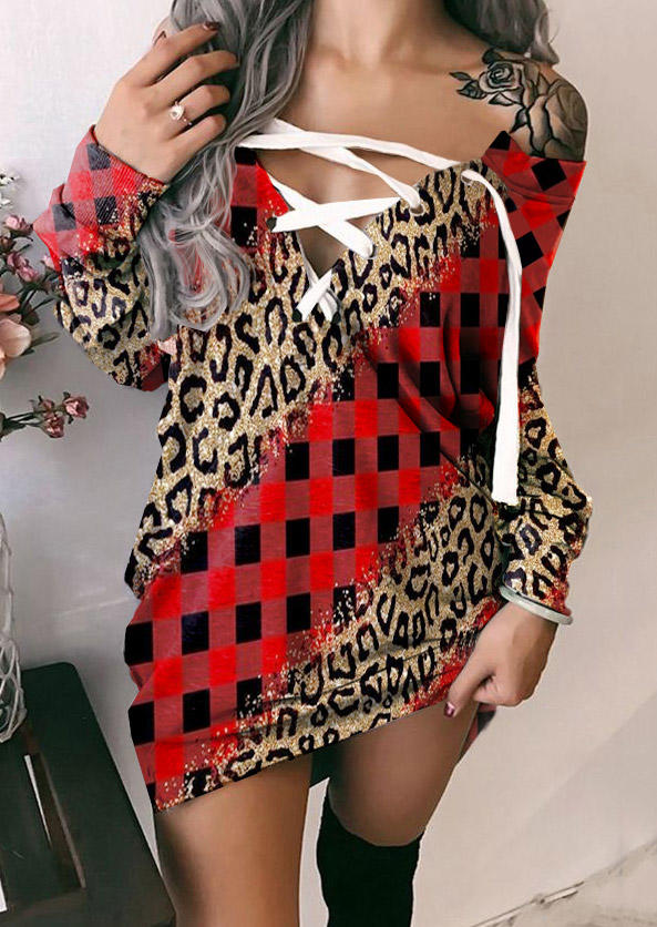 

Leopard Plaid Lace Up Mini Dress, Multicolor, SCM009106