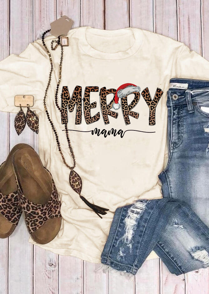 

Christmas Merry Mama Hat T-Shirt Tee - Beige, White, SCM009119