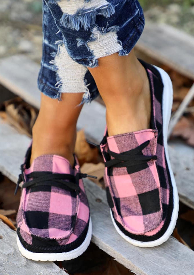 Plaid Slip On Round Toe Flat Sneakers - Pink, SCM009134