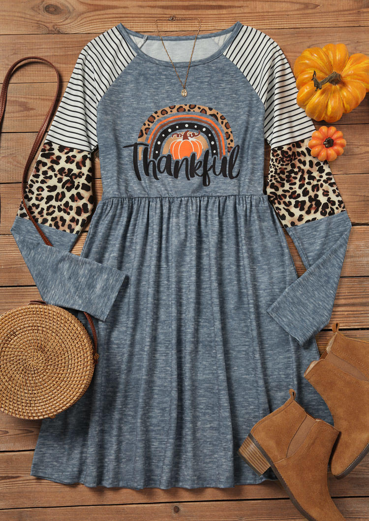 Thankful Striped Leopard Pumpkin Ruffled Mini Dress - Gray