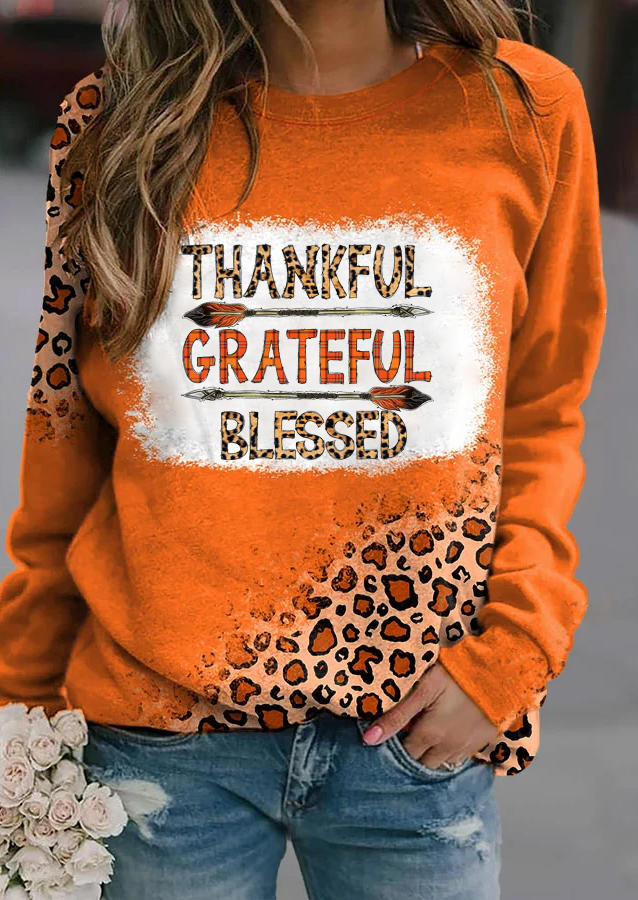 Thankful Grateful Blessed Leopard Plaid Arrow  Bleached Sweatshirt - Orange