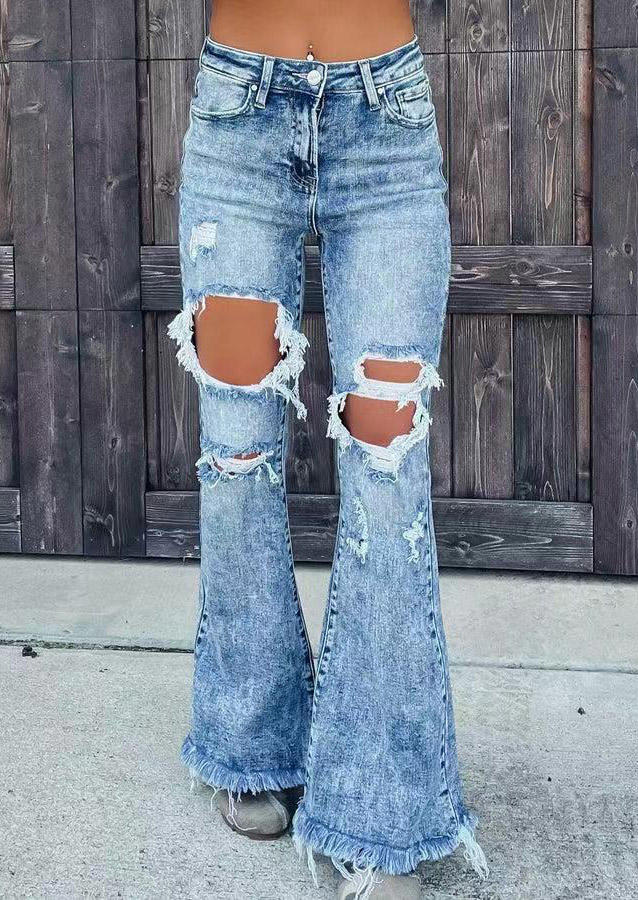 

Pocket Button Ripped Hole Denim Flare Pants - Blue, SCM008008
