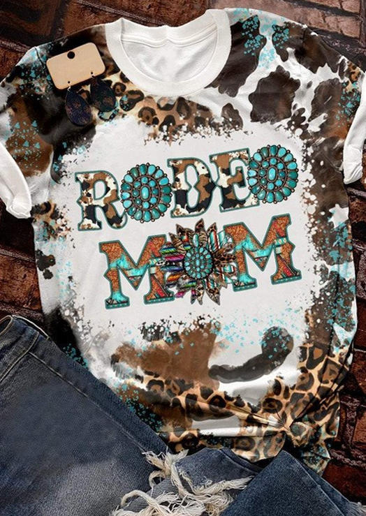 

Rodeo Mom Leopard Turquoise Bleached O-Neck T-Shirt Tee, Multicolor, SCM008123