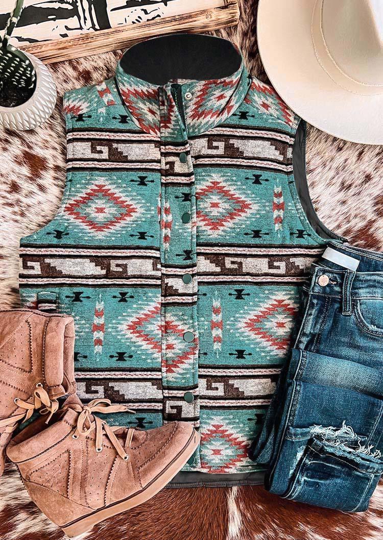 

Aztec Geometric Pocket Zipper Button Vest Coat, Multicolor, SCM008389
