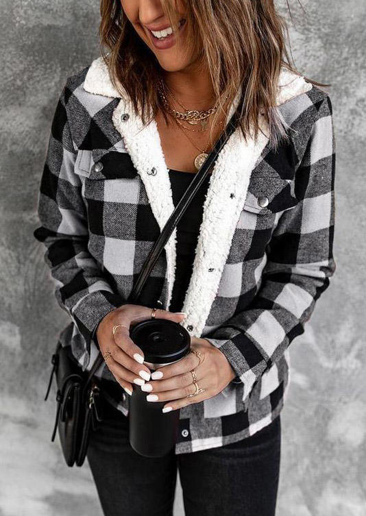 

Plaid Pocket Button Turn-Down Collar Fuzzy Coat, Multicolor, SCM008652