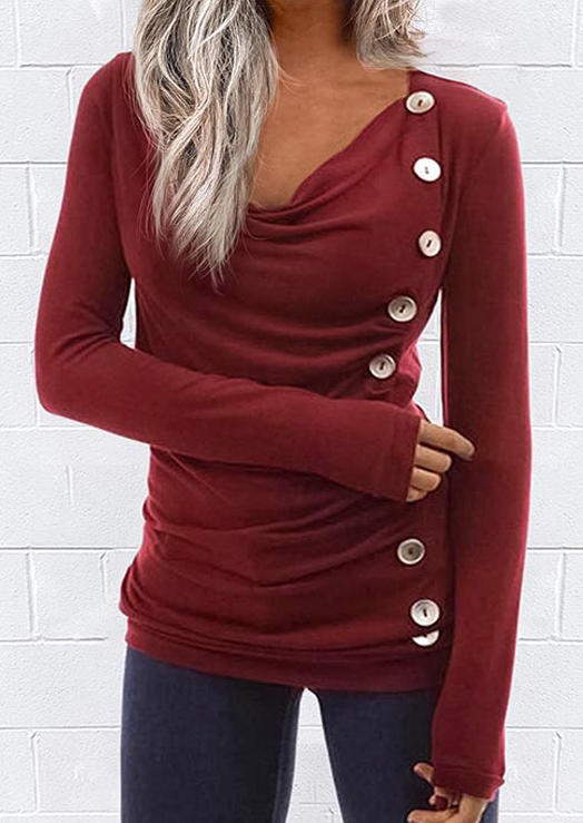 

Button Ruched Long Sleeve Blouse - Burgundy, Red, SCM008674