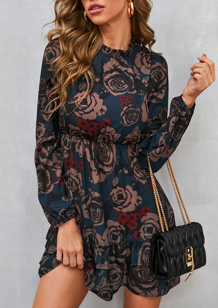 

Floral Ruffled Button Long Sleeve Mini Dress - Navy Blue, SCM008694