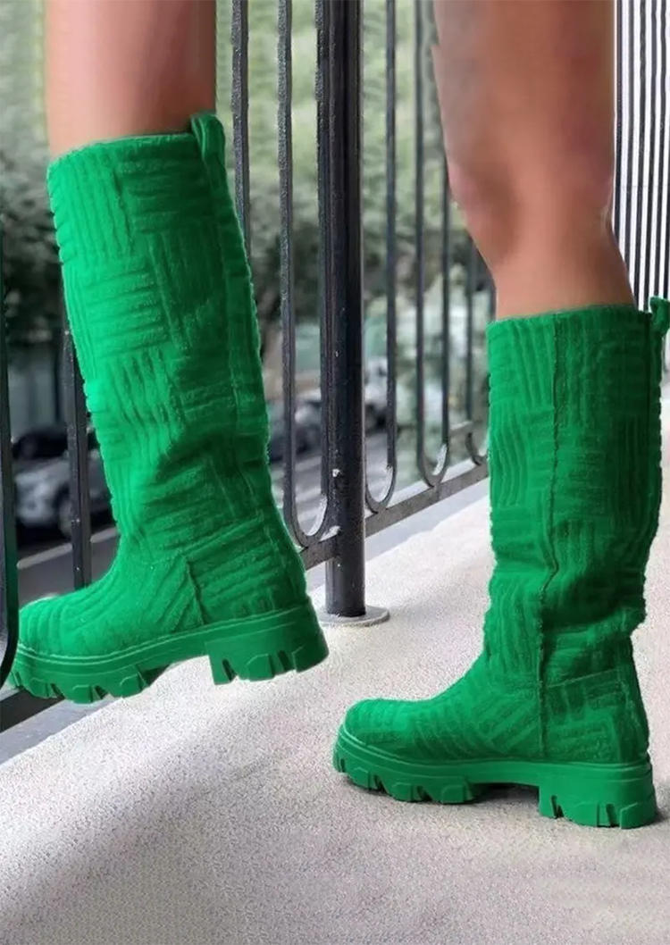 Round Toe Knee-High Heeled Flannel Boots - Green