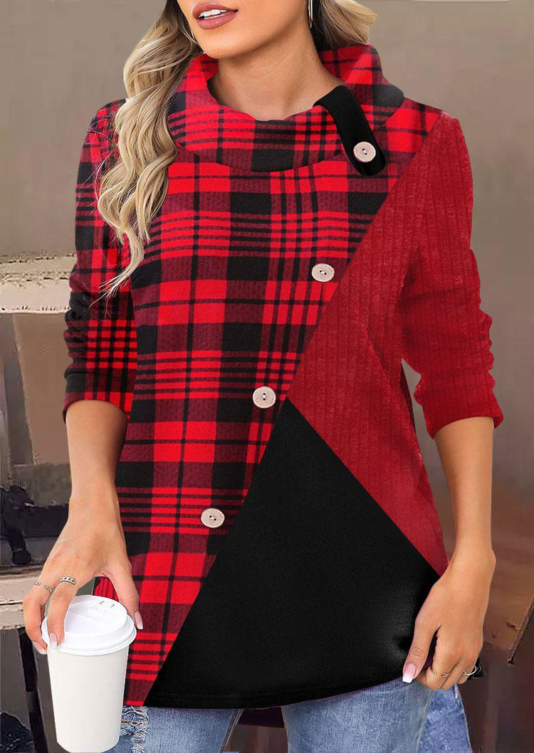 

Plaid Color Block Button Sweatshirt, Multicolor, SCM008805