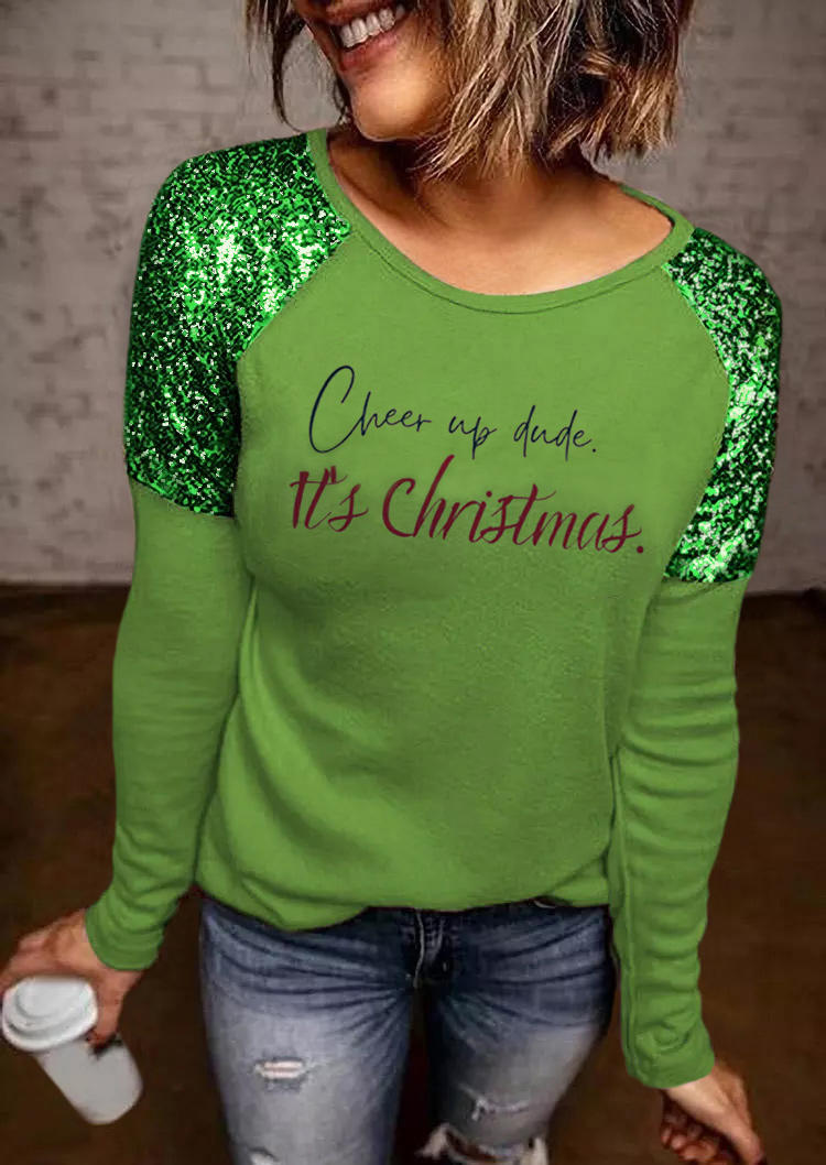 

Cheer Up Dude It' Christmas Sequined T-Shirt Tee - Green, SCM008824