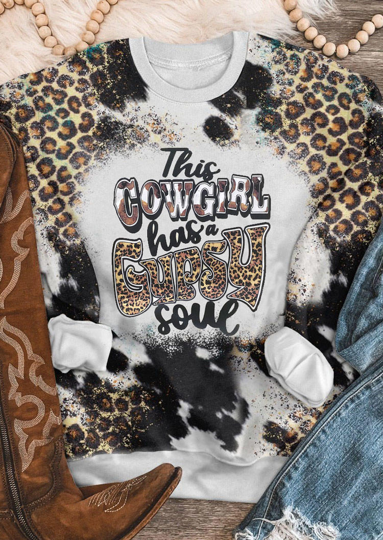 

This Cowgirl Has A Gypsy Soul Leopard Bleached Sweatshirt, Multicolor, SCM008890