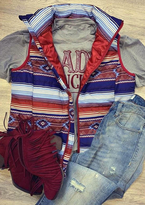 

Aztec Serape Striped Zipper Vest Coat, Multicolor, SCM008901