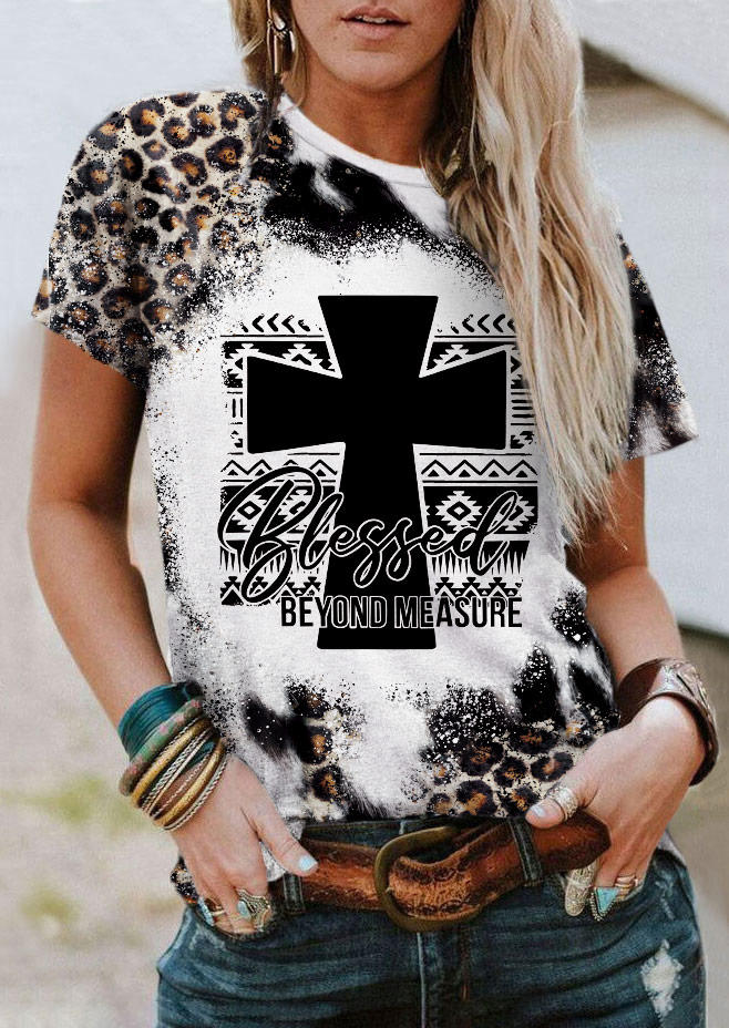 Thanksgiving Blessed Beyond Measure Leopard Aztec Geometric Bleached T-Shirt Tee