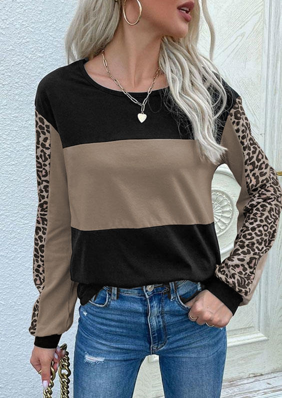 

Color Block Leopard O-Neck Blouse, Multicolor, SCM008987