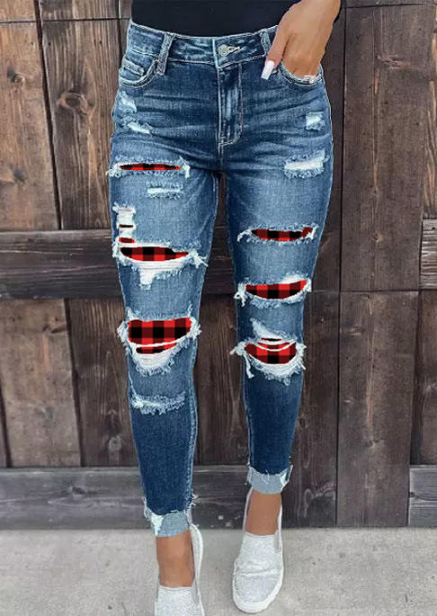 

Buffalo Plaid Ripped Hole Distressed Denim Jeans - Blue, SCM009067