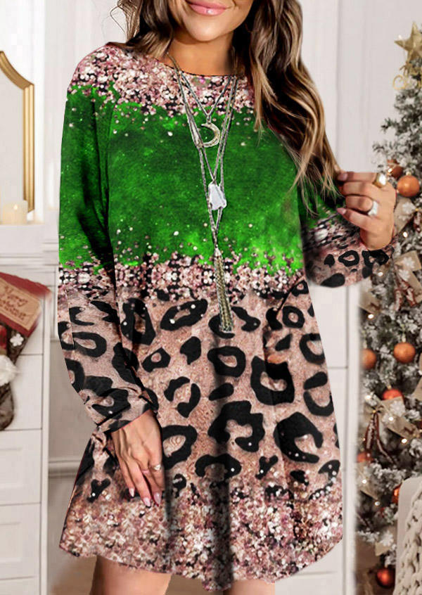 Leopard Glitter Long Sleeve Mini Dress