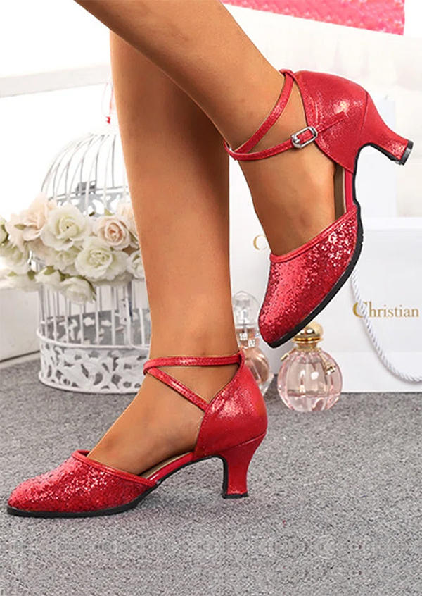 

Glitter Hollow Out Buckle Latin Sandals - Red, SCM009136