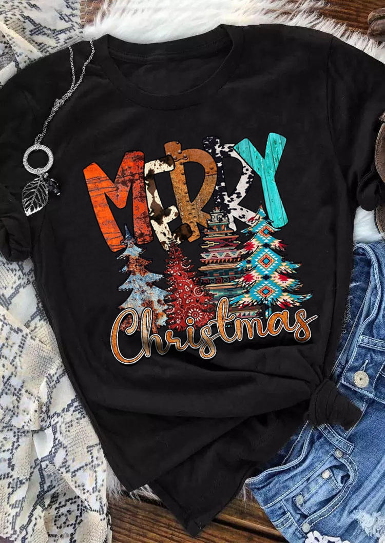 

Merry Christmas Aztec Geometric Tree T-Shirt Tee - Black, SCM009158