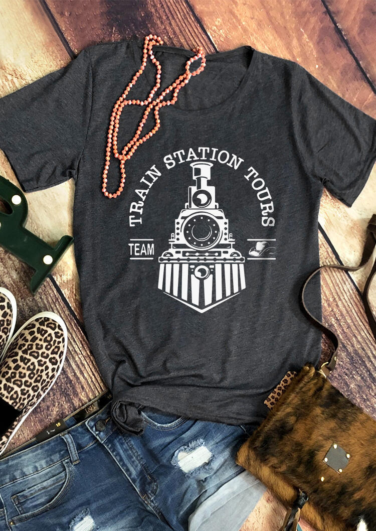

Train Station Tours Team O-Neck T-Shirt Tee - Gray, SCM009223