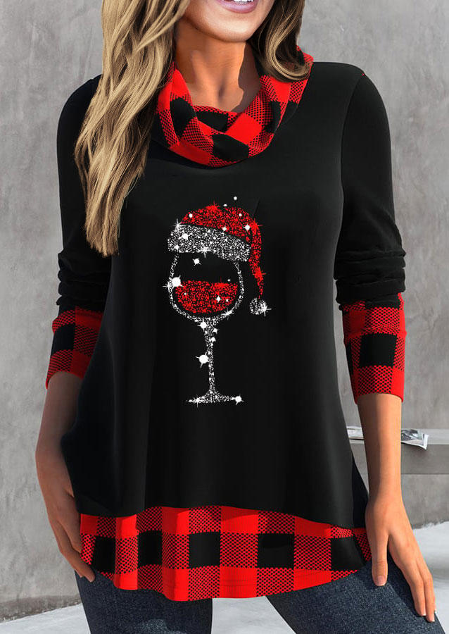 

Christmas Hat Wine Glass Plaid Glitter Blouse, Multicolor, SCM009251