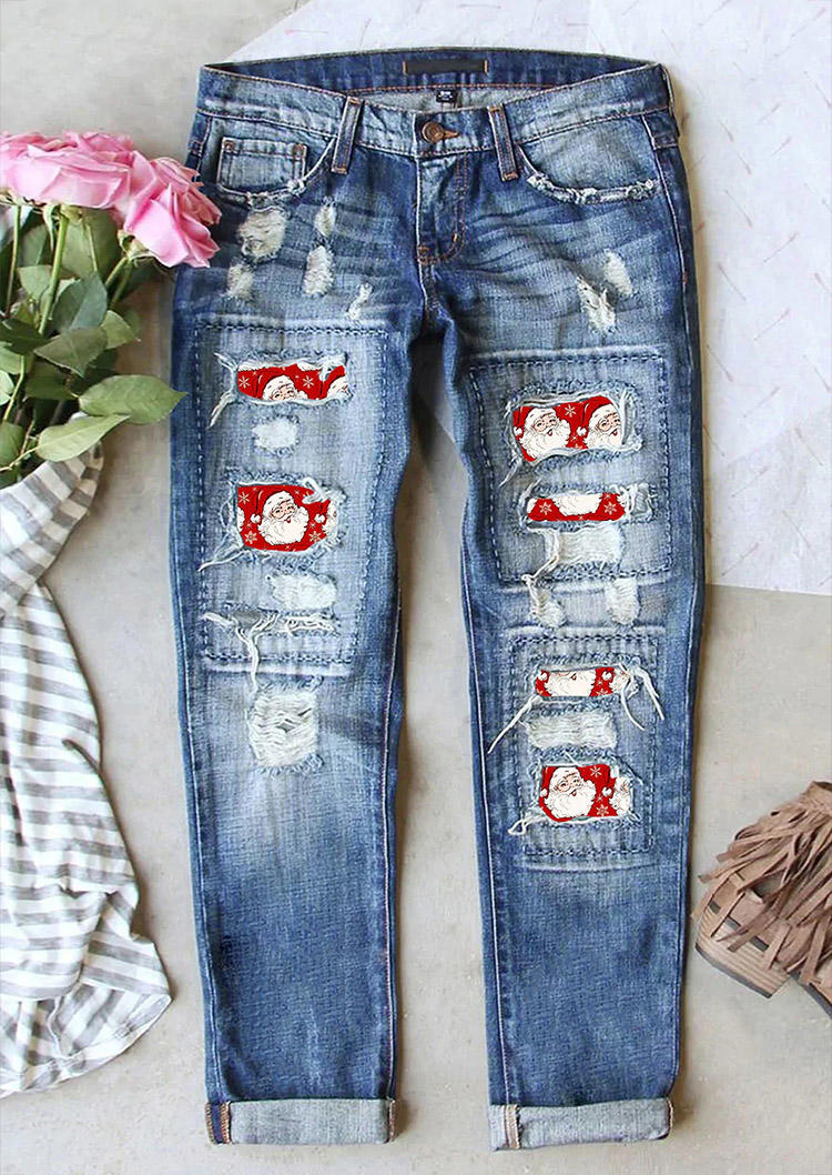 

Christmas Santa Claus Snowflake Ripped Hole Patch Distressed Denim Jeans - Blue, SCM009355