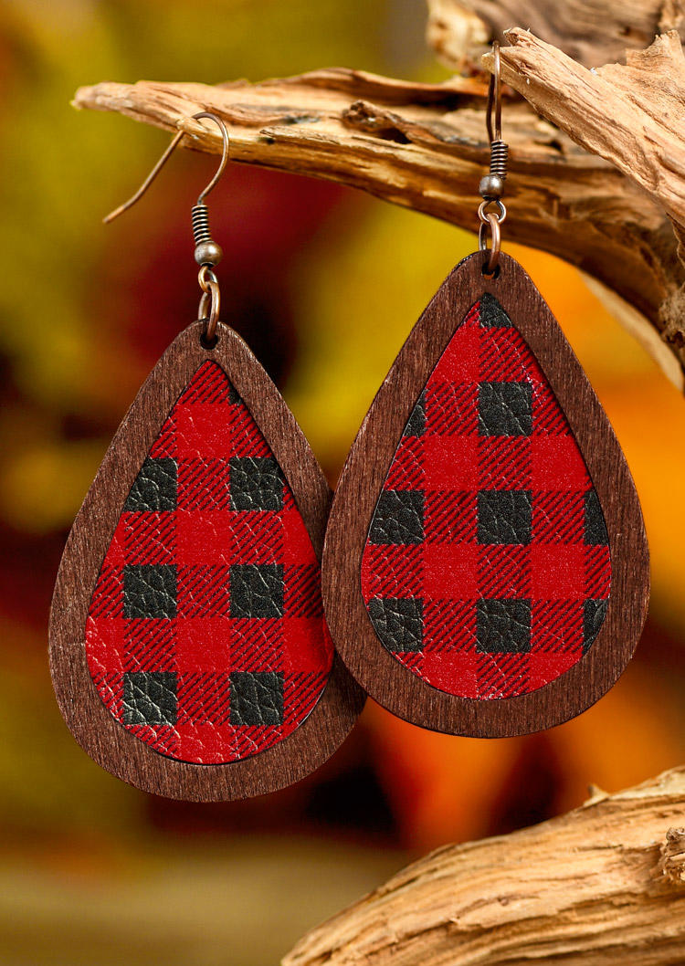 

Plaid PU Leather Water Drop Earrings, Green;red, SCM008168