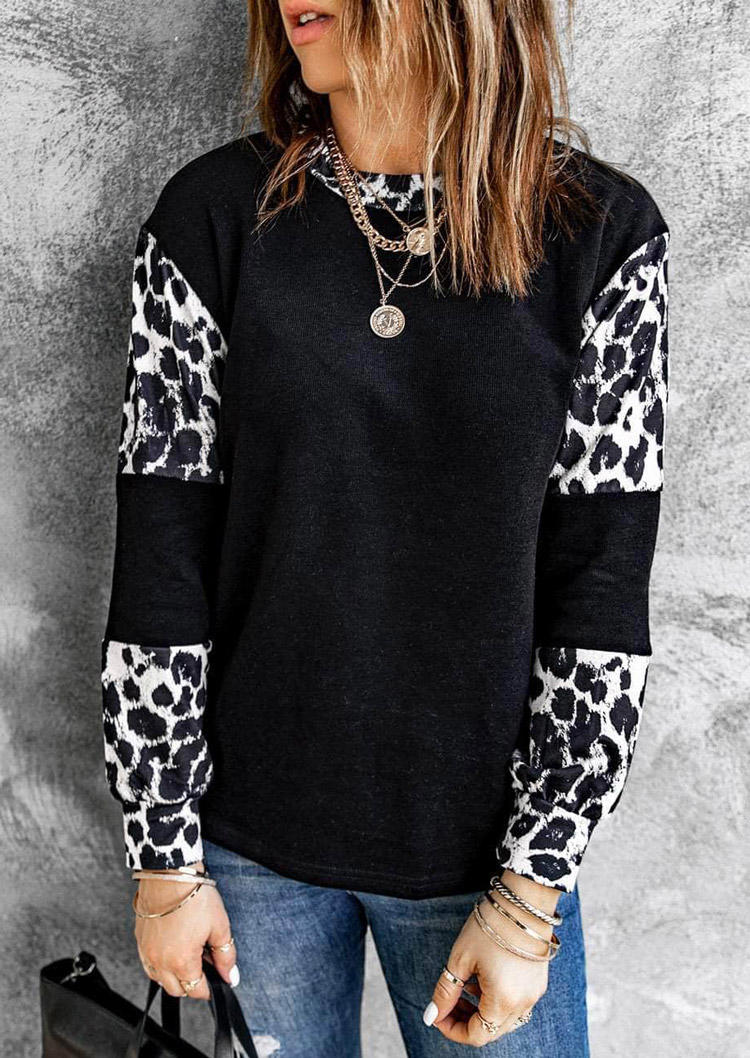 

Leopard Color Block O-Neck Sweatshirt - Black, SCM008494