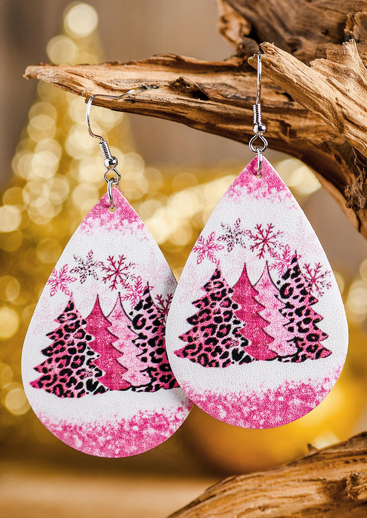

Christmas Leopard Tree Snowflake Water Drop Earrings, Pink, SCM008503