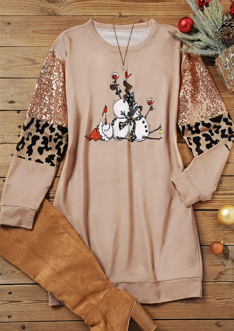 Christmas Snowman Leopard Sweatshirt Mini Dress - Khaki