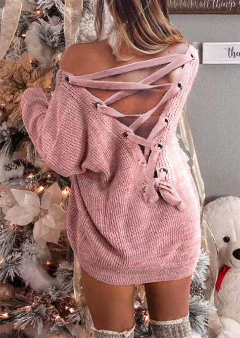 

Lace Up Long Sleeve Sweater Dress - Pink, SCM008628