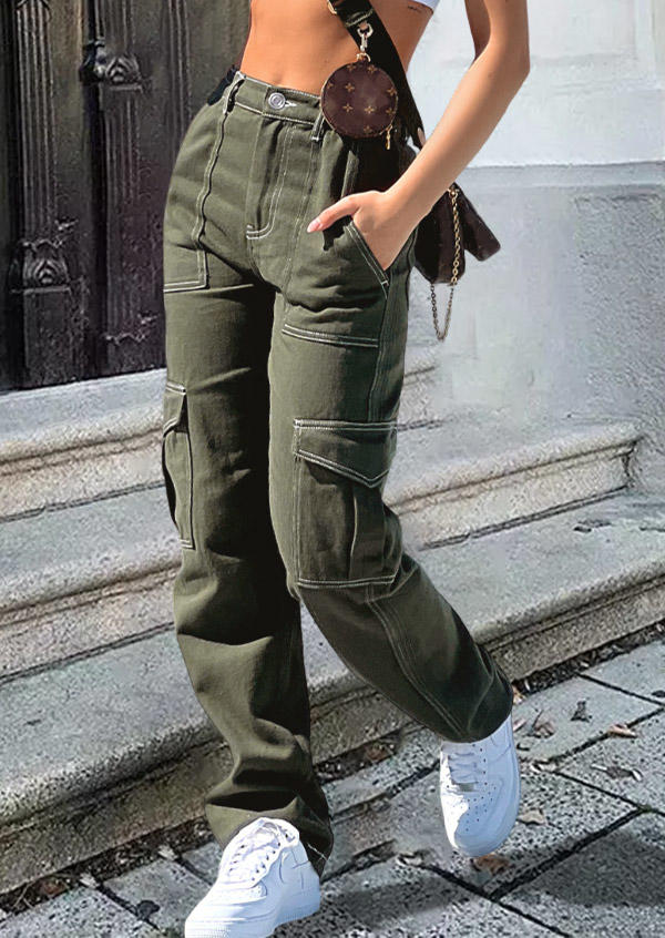 

Pocket Button Zipper Pants - Army Green, SCM008657