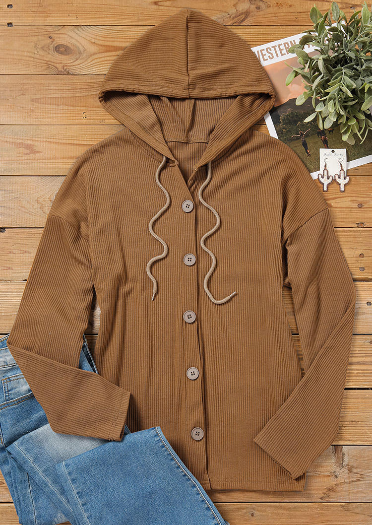 Button Drawstring Hooded Coat - Khaki