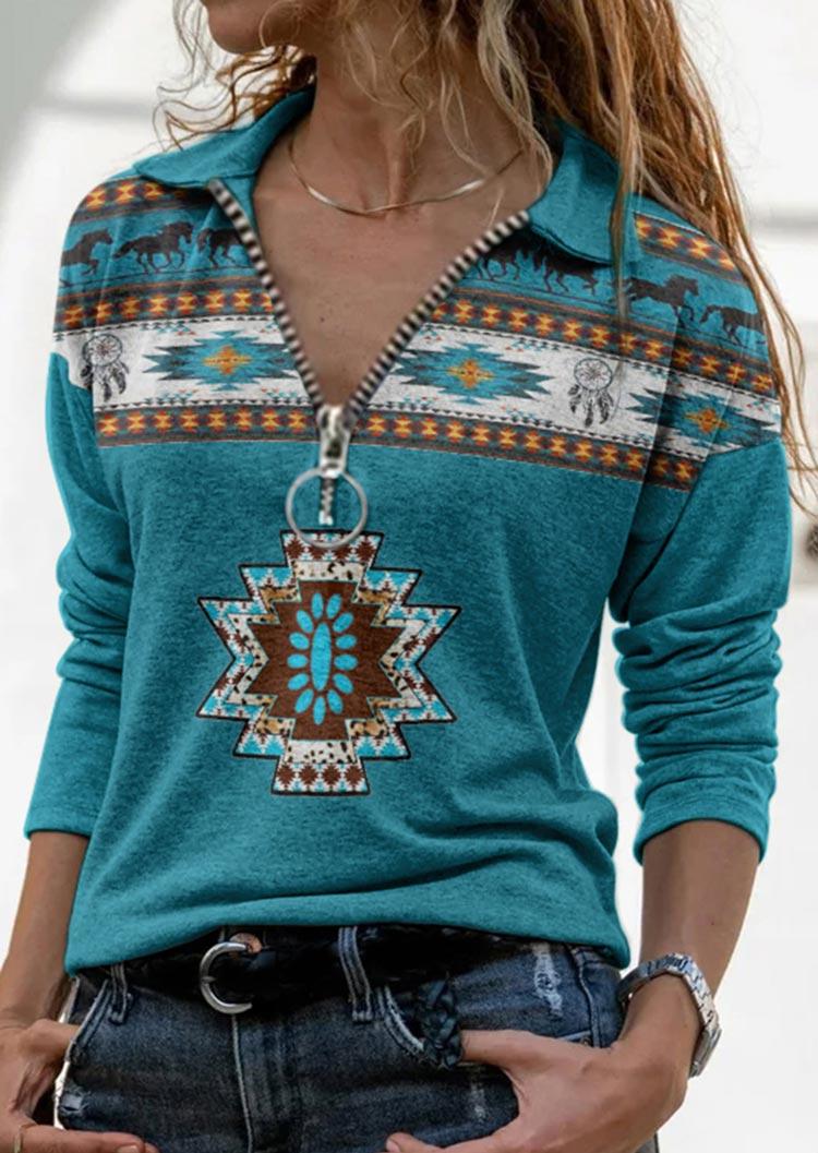 

Aztec Geometric Turquoise Zipper Blouse - Blue, SCM008684