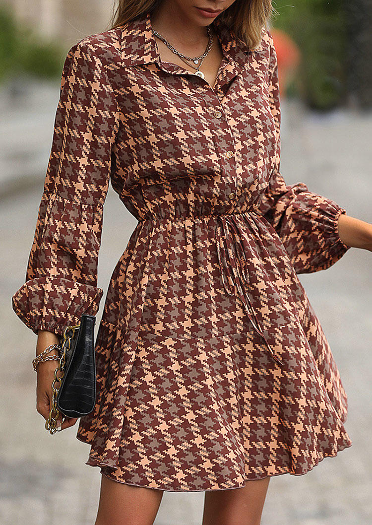 Plaid Button Ruffled Turn-Down Collar Mini Dress - Brown