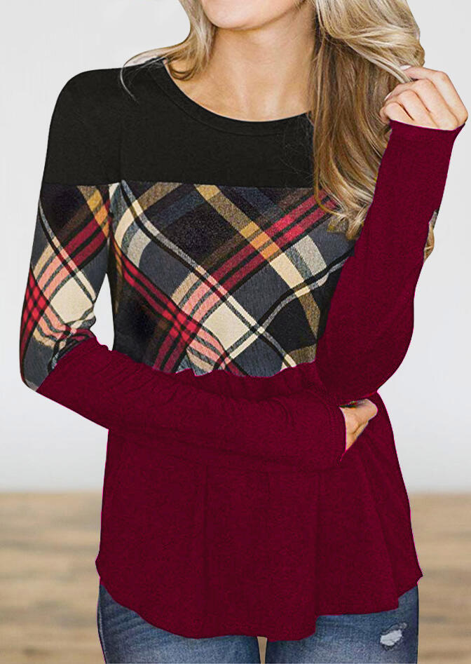 

Color Block Plaid Long Sleeve Blouse, Multicolor, SCM008802