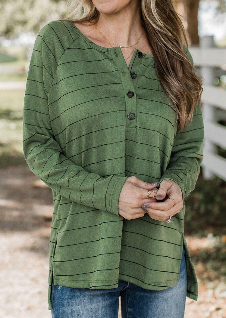 

Striped Button Slit Blouse - Green, SCM008806