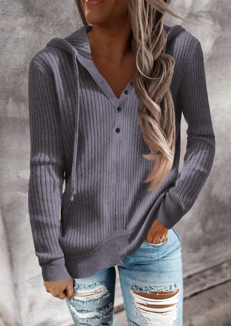 

Button Drawstring Long Sleeve Hoodie - Gray, SCM008825