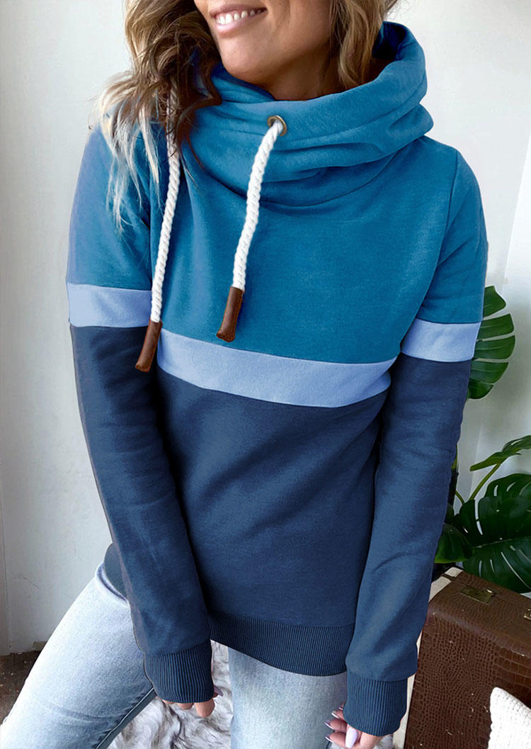 

Color Block Drawstring Long Sleeve Hoodie - Blue, SCM008887