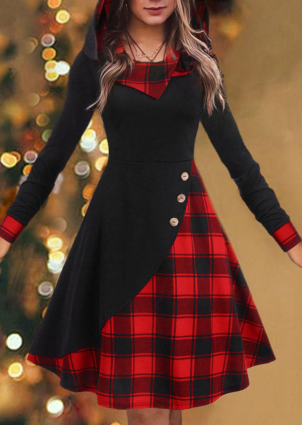 

Buffalo Plaid Button Hooded Midi Dress - Black, SCM008910