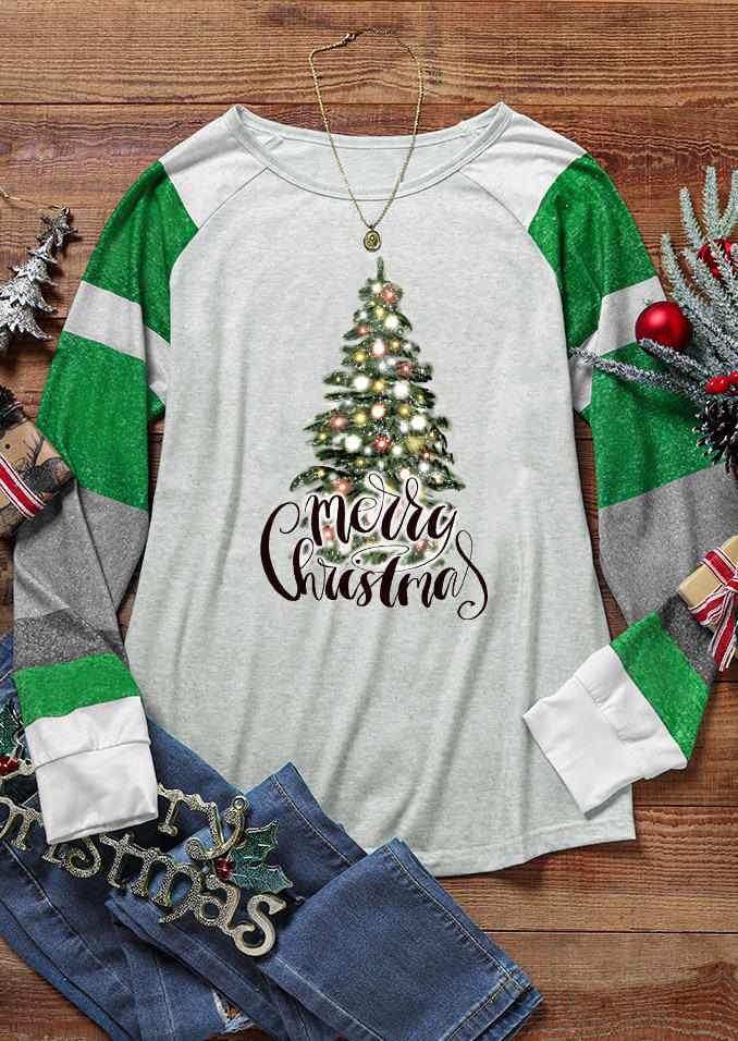 Merry Christmas Tree Color Block T-Shirt Tee - Green