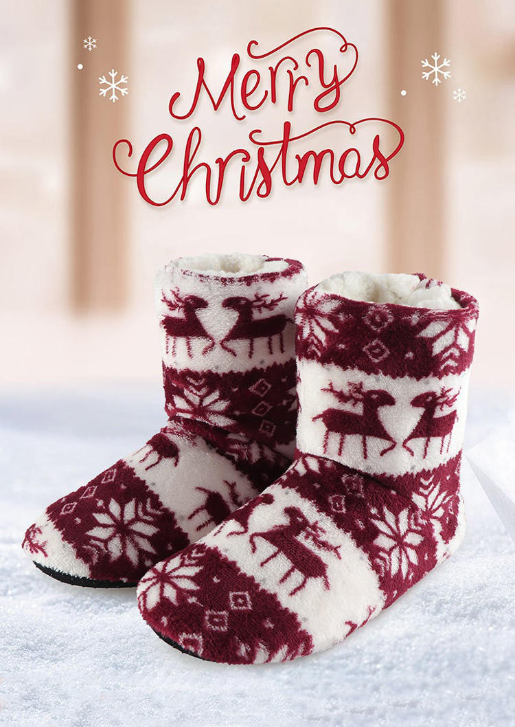 

Christmas Reindeer Snowflake Soft Warm Indoor Boots, Red, SCM009011