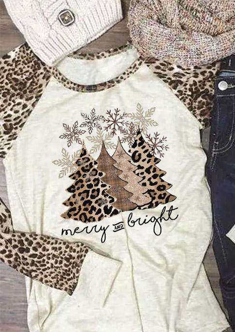 

Christmas Merry And Bright Leopard Tree Snowflake T-Shirt Tee, Multicolor, SCM009178