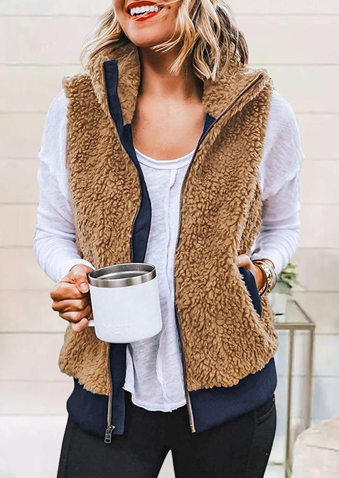 

Pocket Zipper Fleece Vest Coat - Khaki, SCM009188