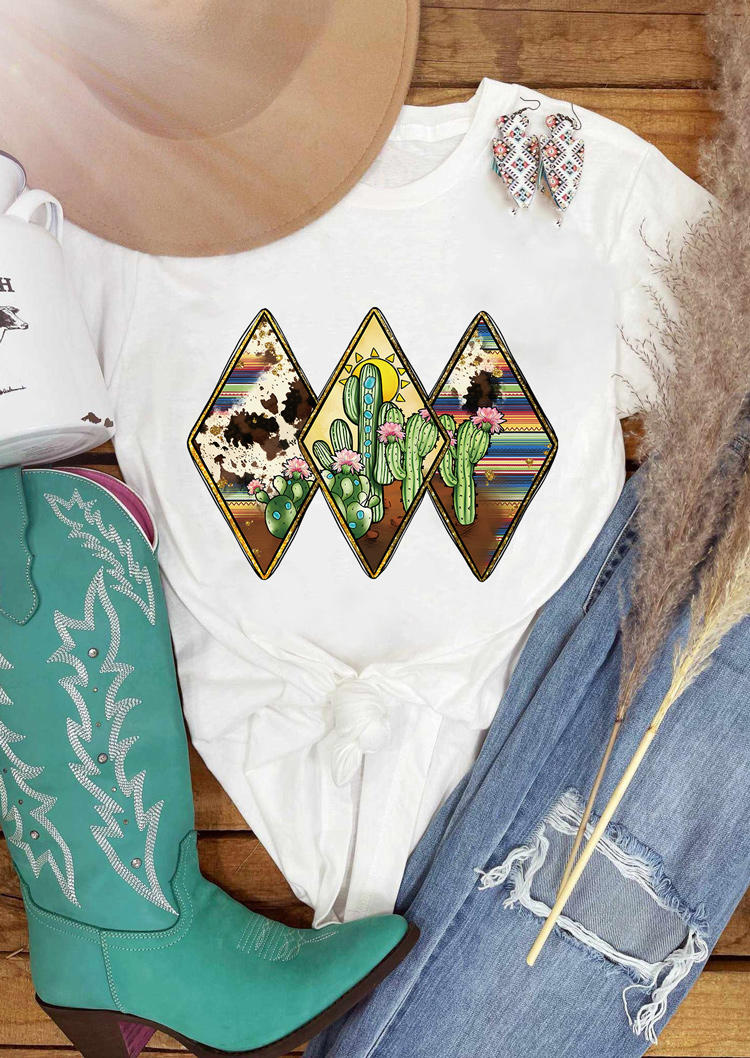 

Cactus Serape Striped Cow T-Shirt Tee - White, SCM009228