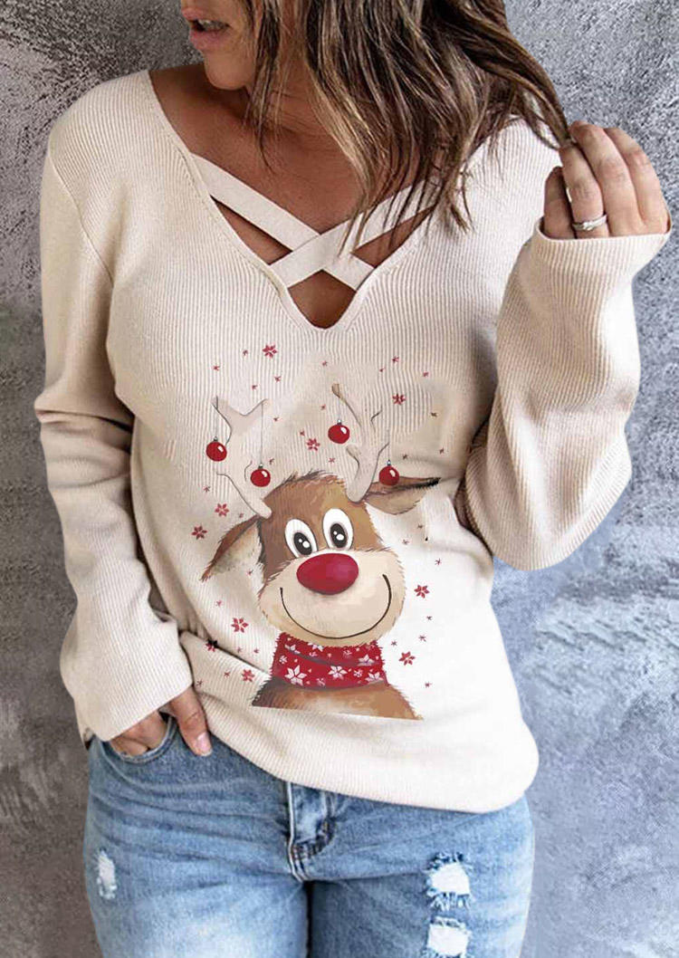 

Christmas Reindeer Snowflake Criss-Cross Blouse - Beige, White, SCM009245