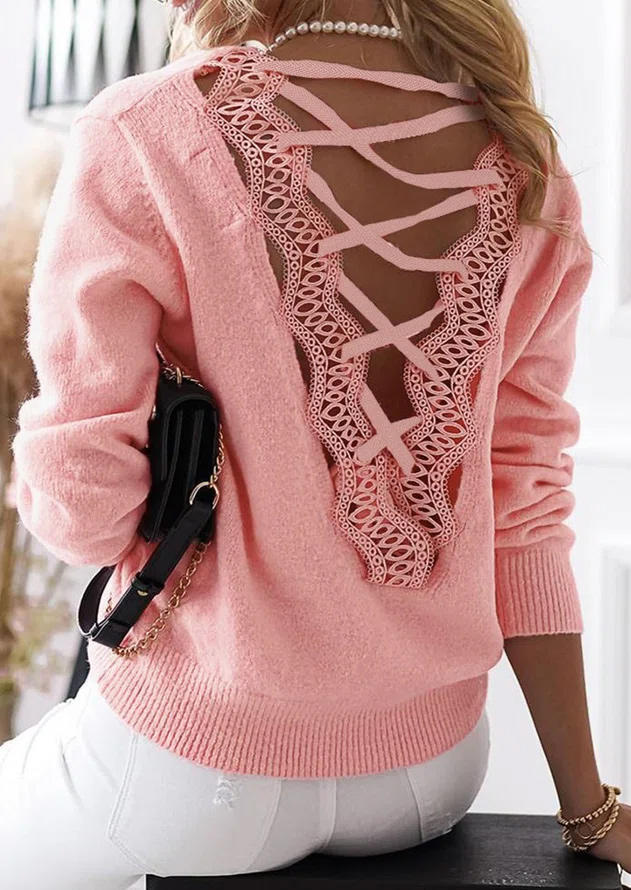 

Lace Splicing Criss-Cross Sweater - Pink, SCM009279