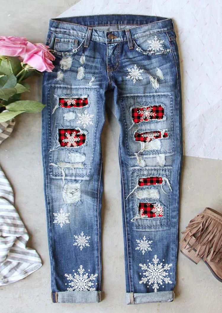 

Christmas Snowflake Plaid Ripped Frayed Denim Pants - Blue, SCM009294