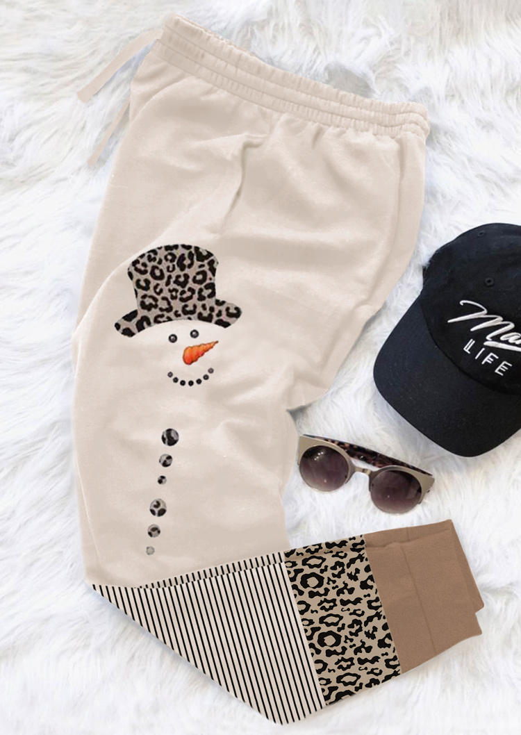 Christmas Snowman Leopard Striped Pocket Sweatpants